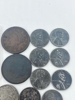 LOT 233J: Vintage / Antique US Coins - Large Cent Pennies, Buffalo Nickels, 1943 Steel Wheat Pennies and More