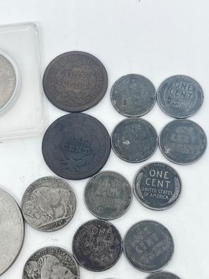 LOT 233J: Vintage / Antique US Coins - Large Cent Pennies, Buffalo Nickels, 1943 Steel Wheat Pennies and More