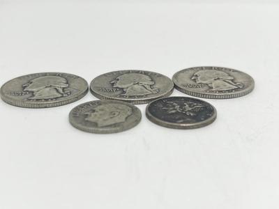 LOT 235J: Vintage 90% Silver US Coins - 1940, 1942-D, 1952 Quarters, 1943 Mercury Dime, 1952 Roosevelt Dime