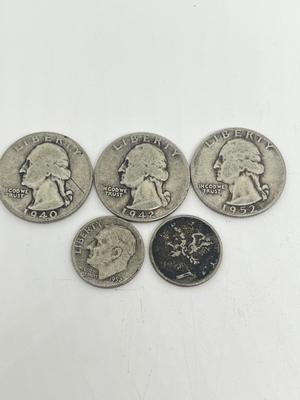 LOT 235J: Vintage 90% Silver US Coins - 1940, 1942-D, 1952 Quarters, 1943 Mercury Dime, 1952 Roosevelt Dime