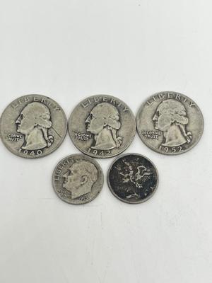 LOT 235J: Vintage 90% Silver US Coins - 1940, 1942-D, 1952 Quarters, 1943 Mercury Dime, 1952 Roosevelt Dime