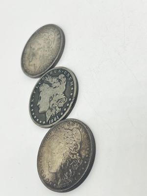 LOT 238J: Three Antique Silver Morgan Dollars -1889, 1901, 1921