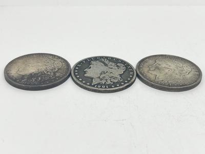 LOT 238J: Three Antique Silver Morgan Dollars -1889, 1901, 1921