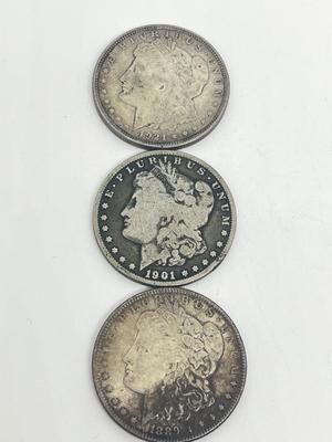 LOT 238J: Three Antique Silver Morgan Dollars -1889, 1901, 1921