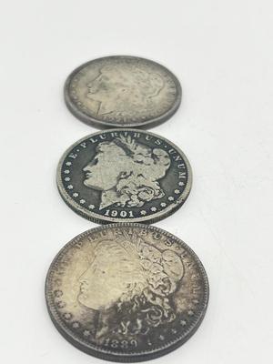 LOT 238J: Three Antique Silver Morgan Dollars -1889, 1901, 1921