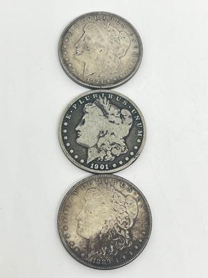 LOT 238J: Three Antique Silver Morgan Dollars -1889, 1901, 1921