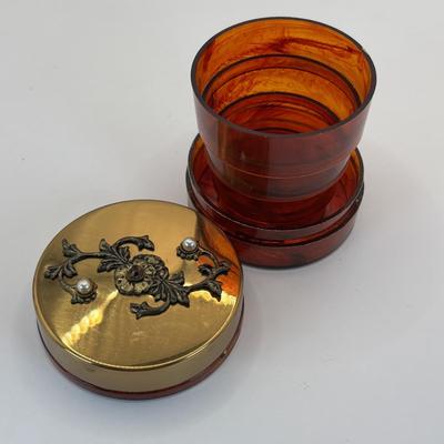 LOT 341: Vintage Celluloid Filigree Heart Ring Box, Black Glass Cameo Chain Belt, Fifth Avenue Gold Tone Compact w/Mirror, Rhinestone...