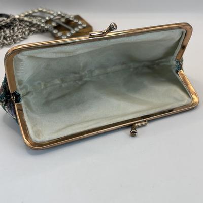 LOT 341: Vintage Celluloid Filigree Heart Ring Box, Black Glass Cameo Chain Belt, Fifth Avenue Gold Tone Compact w/Mirror, Rhinestone...
