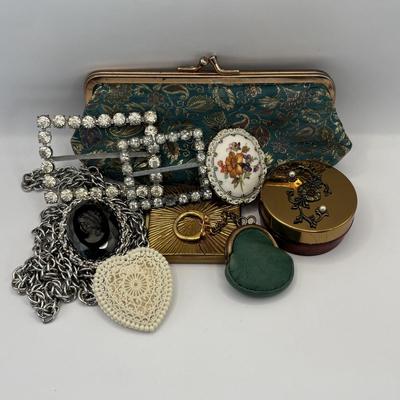 LOT 341: Vintage Celluloid Filigree Heart Ring Box, Black Glass Cameo Chain Belt, Fifth Avenue Gold Tone Compact w/Mirror, Rhinestone...