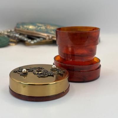 LOT 341: Vintage Celluloid Filigree Heart Ring Box, Black Glass Cameo Chain Belt, Fifth Avenue Gold Tone Compact w/Mirror, Rhinestone...