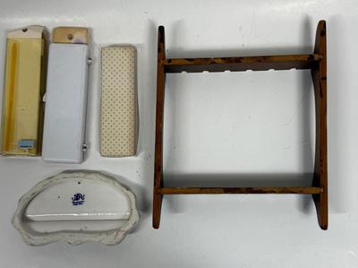 3 miniature spoon lot with 2 display pieces wood and Delft