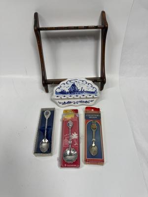 3 miniature spoon lot with 2 display pieces wood and Delft