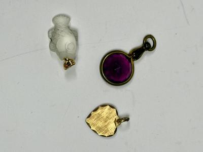 3 pc pendant lot - glass fish, purple stone, and gold tone heart