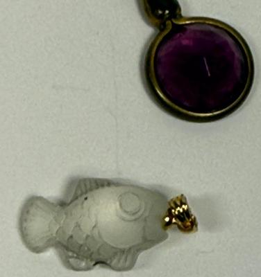 3 pc pendant lot - glass fish, purple stone, and gold tone heart