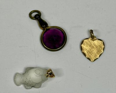 3 pc pendant lot - glass fish, purple stone, and gold tone heart