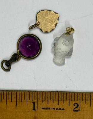 3 pc pendant lot - glass fish, purple stone, and gold tone heart