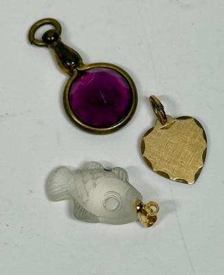 3 pc pendant lot - glass fish, purple stone, and gold tone heart