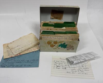 Very Vintage metal recipe file box with dividers and old recipes tucked inside