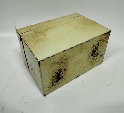 Very Vintage metal recipe file box with dividers and old recipes tucked inside