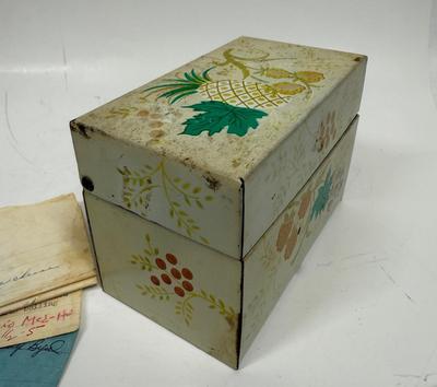 Very Vintage metal recipe file box with dividers and old recipes tucked inside