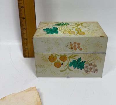 Very Vintage metal recipe file box with dividers and old recipes tucked inside