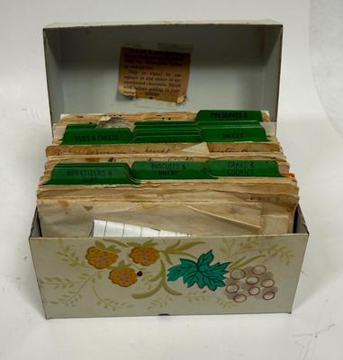 Very Vintage metal recipe file box with dividers and old recipes tucked inside