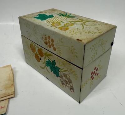 Very Vintage metal recipe file box with dividers and old recipes tucked inside