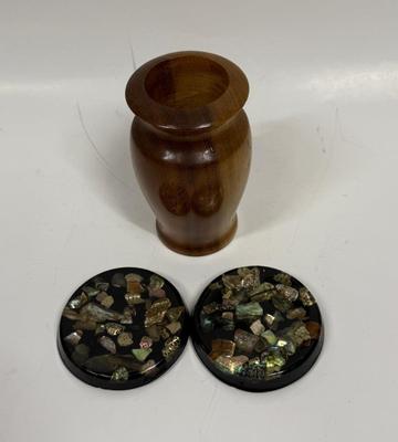 Mid-Century Modern Vintage Home Decor Group Wood Vase and Coasters