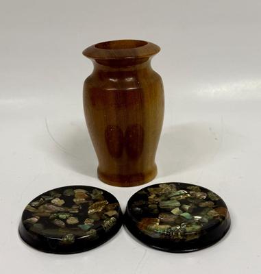 Mid-Century Modern Vintage Home Decor Group Wood Vase and Coasters