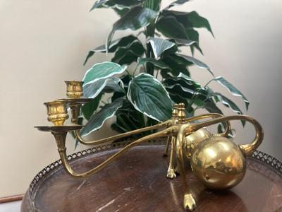 WAS Benson (style of) A Pair of Brass Arts & Crafts Piano Candle Holders