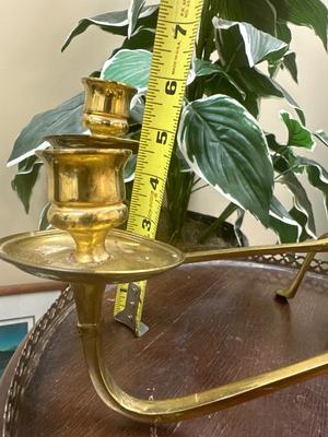 WAS Benson (style of) A Pair of Brass Arts & Crafts Piano Candle Holders