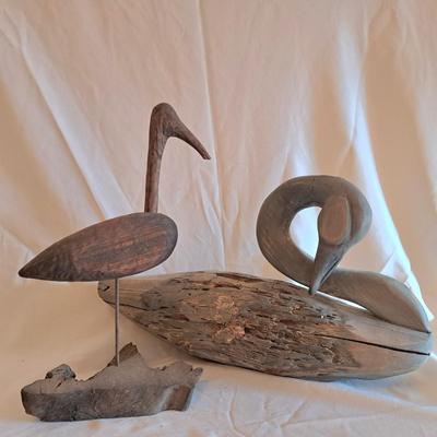 Hand-Carved Signed Roothead Shorebird & Preening Swan (UL-SD)