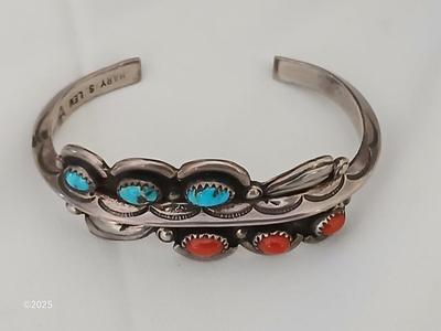 Vintage Navajo Turquoise Cuff Coral Cuff Native American MARY S LEW Cuff Carinated Cuff Sterling Silver
