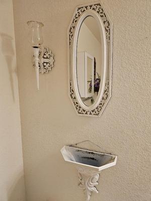 White framed mirror with Candle sconce and wall pocket MCM era
