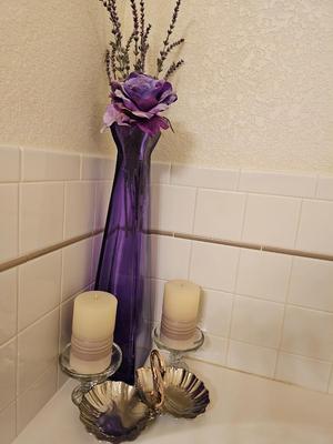 Large purple glass vase with two candles and a double dish silver tray swan dish
