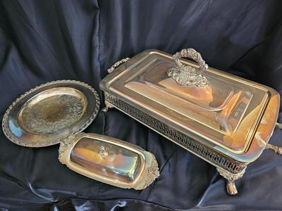 Silver Plated Oneida Chafer Buffet Set Dish Stand Food Warmer Serve ware with covered butter dish and 9" platter