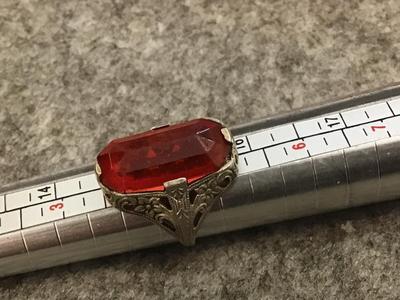 Antique Cocktail Ring. Silver Red Glass /Stone