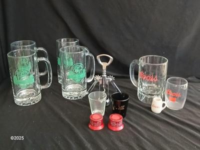 Home bar glass mugs - Coors - shot glasses - wine opener and more