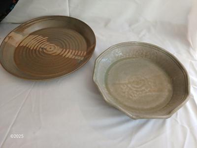 Handmade signed pottery pieces - Pie plate and platter