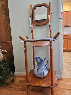 Vintage Oak Wash Basin with Mirror with Ornate Ironstone Pitcher and Bowl