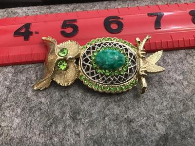 Green Rhinestone Owl Brooch