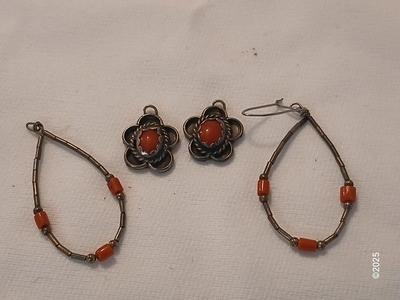 Two sets of Navajo Coral Sterling Silver Earrings
