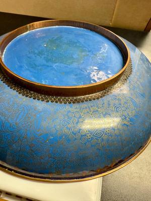 Antique Vintage Familia Rose Porcelain Enameled Copper Bowl Platter Piella Dish Navy & Gold with Peacock Bottom 17"dia.