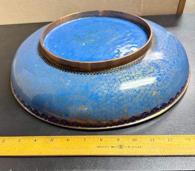 Antique Vintage Familia Rose Porcelain Enameled Copper Bowl Platter Piella Dish Navy & Gold with Peacock Bottom 17"dia.