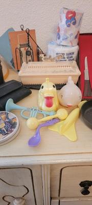 Vintage rattles, glasses, salt n pepper