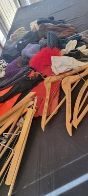 Gloves, wood clothes hangers