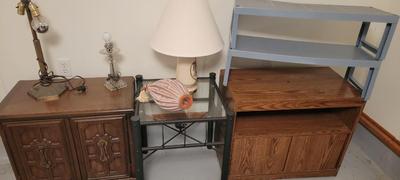 Glass top table, end table, lamps