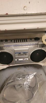 Desk, chair. Quilt stand, boom box