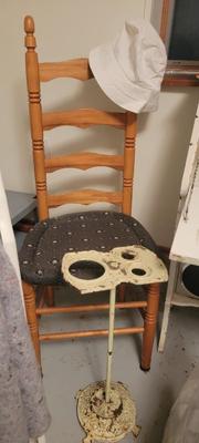 Desk, chair. Quilt stand, boom box