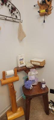 Wood chair and toilet paper holder plus